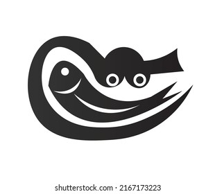 combinación de iconos únicos de líneas curvas que se asemejan a ojos, sonrisa, peces