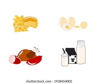 unique icon of protein food, cheeses, eggs, meats, and milk