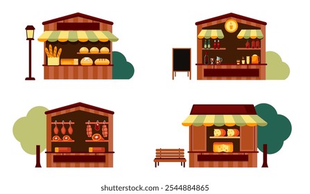 Unique Icon Set of Colorful Fair Market Stalls, Mini Shop Buildings with Trees, Vector Isolated in Flat Style illustration