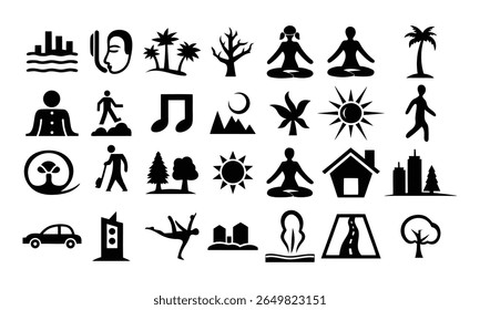 A unique icon set reflecting the contrast and harmony between modern urban life and peaceful nature. Includes symbols of mindfulness, yoga, meditation, trees, sun, cityscapes, traffic, and walking