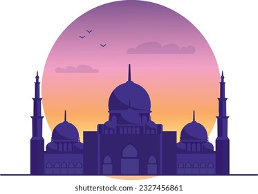 Unique and iconic Islamic mosque with sunset background