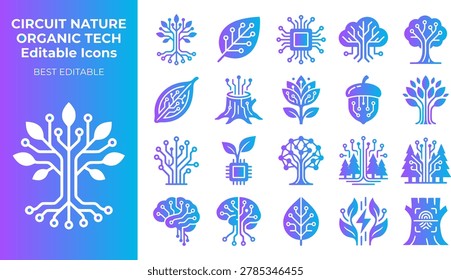 Unique icons blending nature and technology circuit board trees leaves acorn brain.