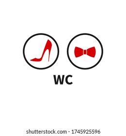 Unique icons for toilet, restroom, wc. Womens high heeled shoes and mens bow tie. Vector illustration. 