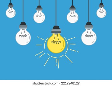 Unique idea. Hanging light bulbs with one glowing and shine. Working solution concept flat vector illustration of light bulb idea business
