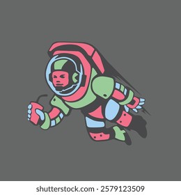 unique illustration of an astronaut enjoying coffee in space. This image features a modern style with an attractive color combination, including green, red, and blue, giving it a futuristic look. 