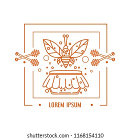 Unique illustration of bee, jar and spoons. Honey and beekeeping theme. Vector art