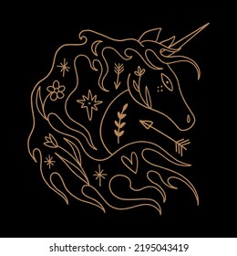 Unique illustration of celestial ornate unicorn head. Gold contour silhouette on black background. Vintage cartoon fairytale boho folk style, mythology character, magic creature. Tattoo concept.