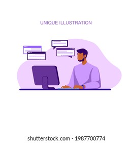 a unique illustration with the concept of a man sitting and doing something with his laptop