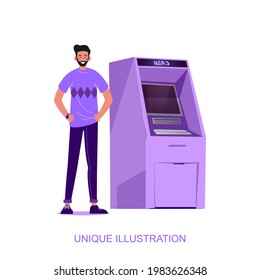 an unique illustration depicting a person standing next to an ATM machine and this design is suitable for a financial company