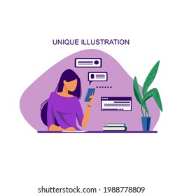 a unique illustration depicting a woman holding a cellphone with a laptop on a table
