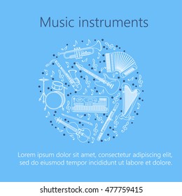 Unique illustration with different music instruments: synthesizer, drums, accordion, violin, trumpet, harp, drum, saxophone, electric, guitar, flute. Place for your text.