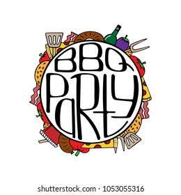 Unique illustration with a hand-drawn lettering for the BBQ Party. Round form.