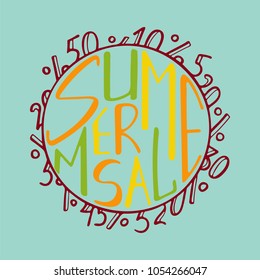 Unique illustration with a hand-drawn lettering for the Summer sale. Round form.