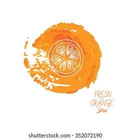 Unique illustration with line icon of orange. Fresh orange juice concept. Modern linear style, isolated vector illustration on orange watercolor background. 