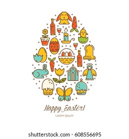 Unique illustration with symbols of Easter in trendy linear style. Rabbit, egg,  Bible,  candle. Elements are arranged in the form of eggs.