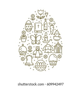 Unique illustration with symbols of Easter in trendy linear style. Rabbit, egg,  Bible,  candle. Elements are arranged in the form of eggs.