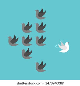 Unique independent white bird flying opposite direction from organized flock. Individuality, courage, innovation, creativity concept. EPS 8 vector illustration, no transparency, no gradients