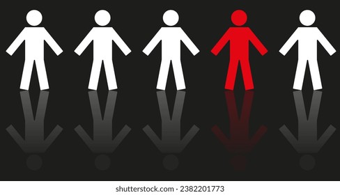 Einzigartiges Individuum, das sich von der Menge abhebt. Vektorgrafik von Menschen-Symbolen, eine in Rot. Konzept der Individualität und Einzigartigkeit in einer Gemeinschaft