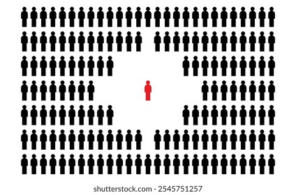 A unique individual stands out. One red person stands out from the mass of people. A special member of society. Vector illustration