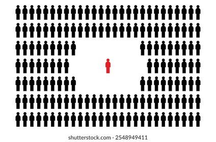 A unique individual stands out. One red person stands out from the mass of people. A special member of society. Vector illustration