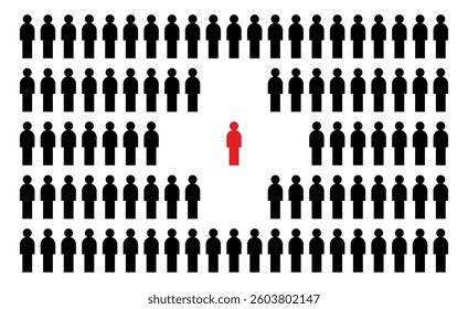 A unique individual stands out. One red person stands out from the mass of people. A special member of society. Vector illustration