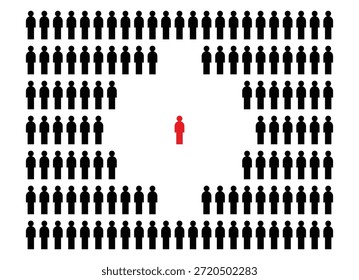 Destaca un individuo único. Una persona roja sobresale de la masa de gente. Un miembro especial de la sociedad. Ilustración vectorial