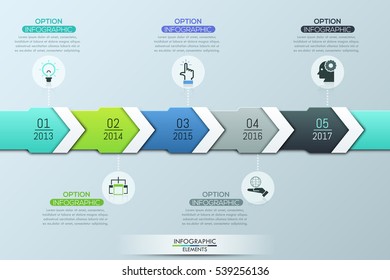 Unique infographic design template, 5 multicolored overlapping arrows with year indication connected with pictograms and text boxes. Company annual statements. Vector illustration for report, website.