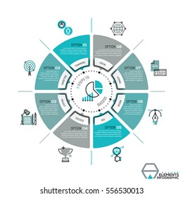 Unique infographic design template, circular diagram or pie chart with 8 sectors. Eight elements of successful development business strategy. Vector illustration for presentation, brochure, website.