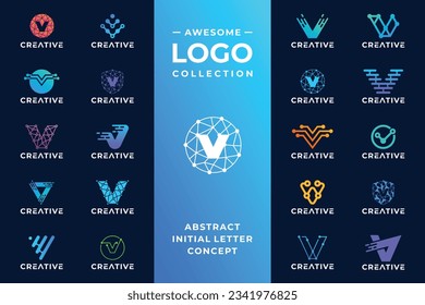 Unique initial letter V modern digital dot connection logo design for technology.