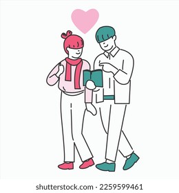 Una ilustración única e interesante de un par de amantes que datan del Día de San Valentín