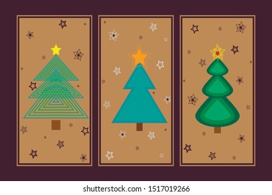 Unique, interesting and simple card which combines Burgundy, beige and green. Christmas trees are decorated with colorful snowflakes on the tops of interesting shaped decorations.