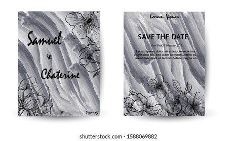 unique invitation card with flower rose, leaves. Wedding ornament concept. Floral poster, invite. Vector decorative greeting card on monochrome watercolor background
