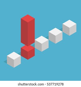 Unique isometric red exclamation mark stands out from the many gray cubes on blue background. Leadership, success and danger concept. Flat design. Vector illustration. EPS 8, no transparency