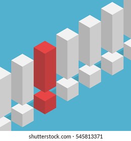 Unique isometric red exclamation mark stands out from the many of same gray ones on blue background. Leadership, success and danger concept. Flat design. Vector illustration. EPS 8, no transparency