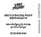 A unique Japanese-style font, hand-drawn with a brush. Lowercase and uppercase letters, and numbers. Lettering. Vector alphabet on a white background.