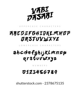 A unique Japanese-style font, hand-drawn with a brush. Lowercase and uppercase letters, and numbers. Lettering. Vector alphabet on a white background.