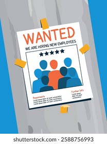 Unique job vacancy: wanted-style poster on a electric pole, seeking ambitious recruits with eye-catching design.