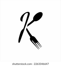 Unique K letter logo design with spoon, fork and knife. Can be used for cafe, restaurant, decoration and food business logos.