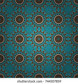 Unique kaleidoscope design. Multicolor mosaic texture. Beautiful kaleidoscope seamless pattern. Vector abstract kaleidoscope background in blue, brown and beige colors.