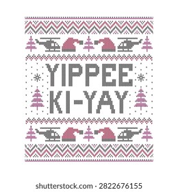 Unique knitted christmas sweater pattern with yippee ki-yay phrase, santa hats, and trees, festive winter holiday background, perfect for fabrics and gifts, traditional design.