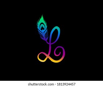 Unique L Letter Decorated With Exotic Peacock Feather. 