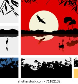 Unique lake scene page layout for web or print, vector.