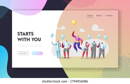 Unique Landing Page Template. Male Character in Colorful Rainbow Clothes Flying on Yellow Balloon above Crowd of Identical People in Blue Shirts. Outstanding Individuality. Cartoon Vector Illustration