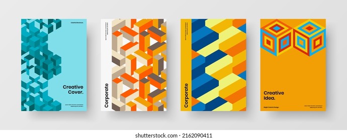 Unique leaflet A4 design vector illustration set. Vivid mosaic tiles company brochure template composition.