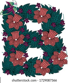 Unique Letter B alphabet made of flowers and leaves.
 Illustration of floral alphabet collection for design project, poster, card, invitation, brochure. Flowers composition. Flat style. 