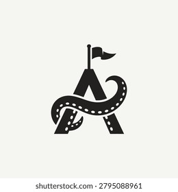 Unique letter A monogram integrated with a sea monster tentacle and a flag, suitable for nautical branding, adventure stories, or creative design agencies.