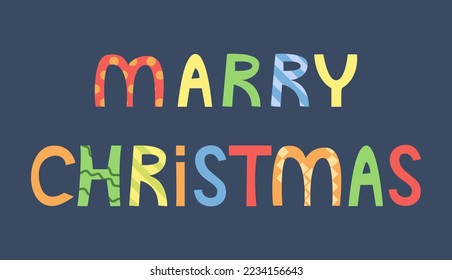 Unique lettering "Merry Christmas" with exclusive design and decor elements, colored letters. Decor for Christmas and New Year for stickers and web. Festive vector illustration in flat cartoon style.