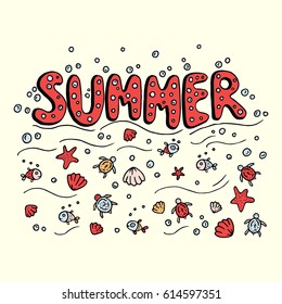 Unique lettering poster with word Summer . Vector art. Trendy handwritten summer illustration for t-shirt design, notebook cover, posters and cards.