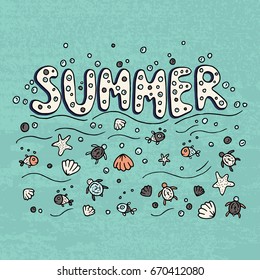 Unique lettering poster with word Summer . Vector art. Trendy handwritten summer illustration for t-shirt design, notebook cover, posters and cards.