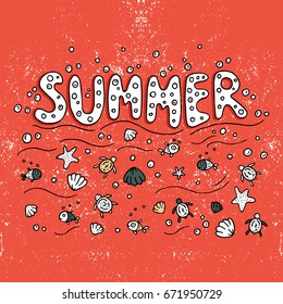 Unique lettering poster with word Summer . Vector art. Trendy handwritten summer illustration for t-shirt design, notebook cover, posters and cards.